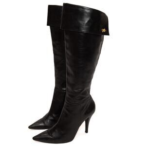 Charles Jourdan Tall Black Leather Pointed Toe Heeled Boots Size 7.5